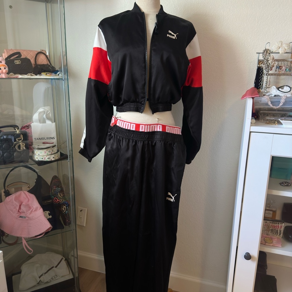 2 piece Puma black and red cropped bomber jacket track suit set